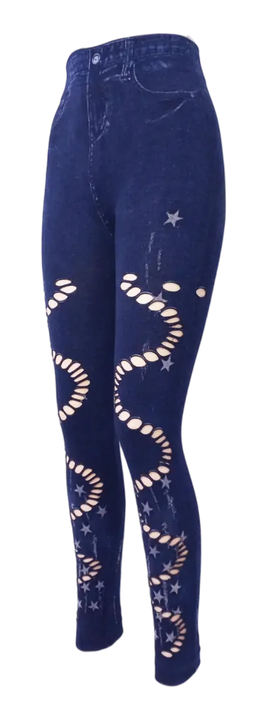 Modré džínové legíny s vysokým pasem a potiskem