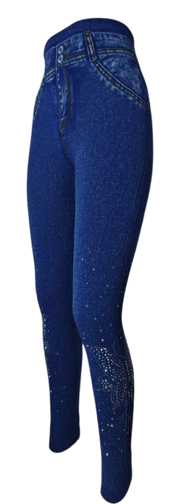 Modré džínové legíny s extra vysokým pasem s krystaly