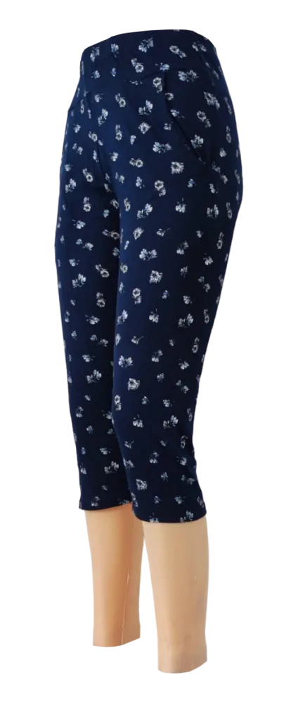 Modré 3/4 legíny s květinovým vzorem a kapsami