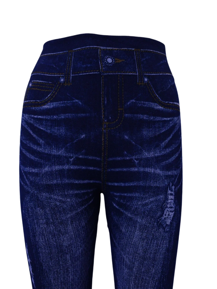 Modré džínové legíny s vysokým pasem a potiskem