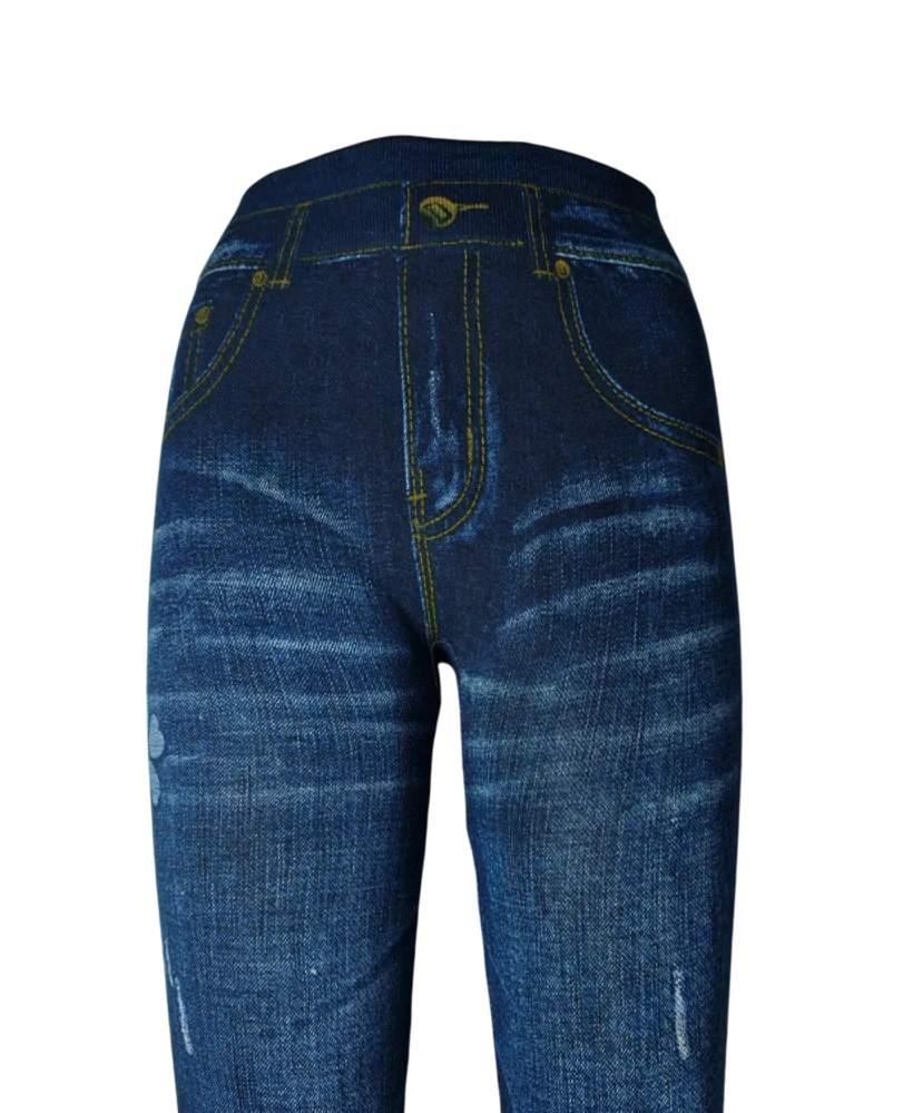 Modré džínové legíny s vysokým pasem a potiskem