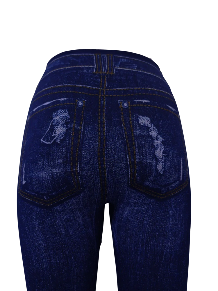Modré džínové legíny s vysokým pasem a potiskem